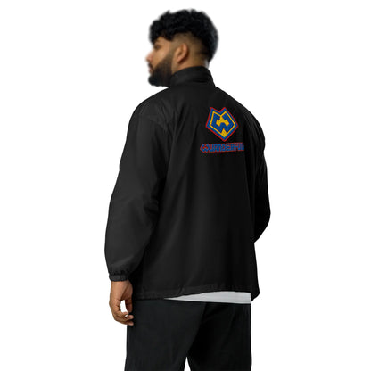 Back angle view of a man wearing a Wuanderful Locos windbreaker jacket