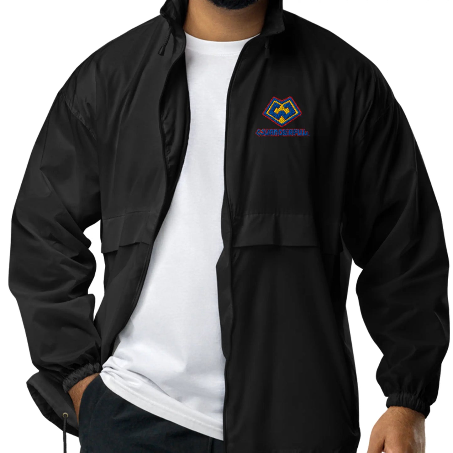 Front angle view of a man wearing a Wuanderful Locos windbreaker jacket