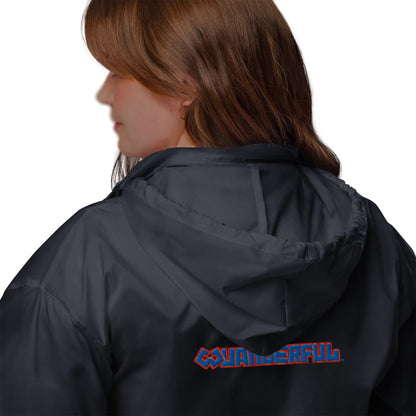 A woman wearing a Wuanderful Locos windbreaker jacket with a hood