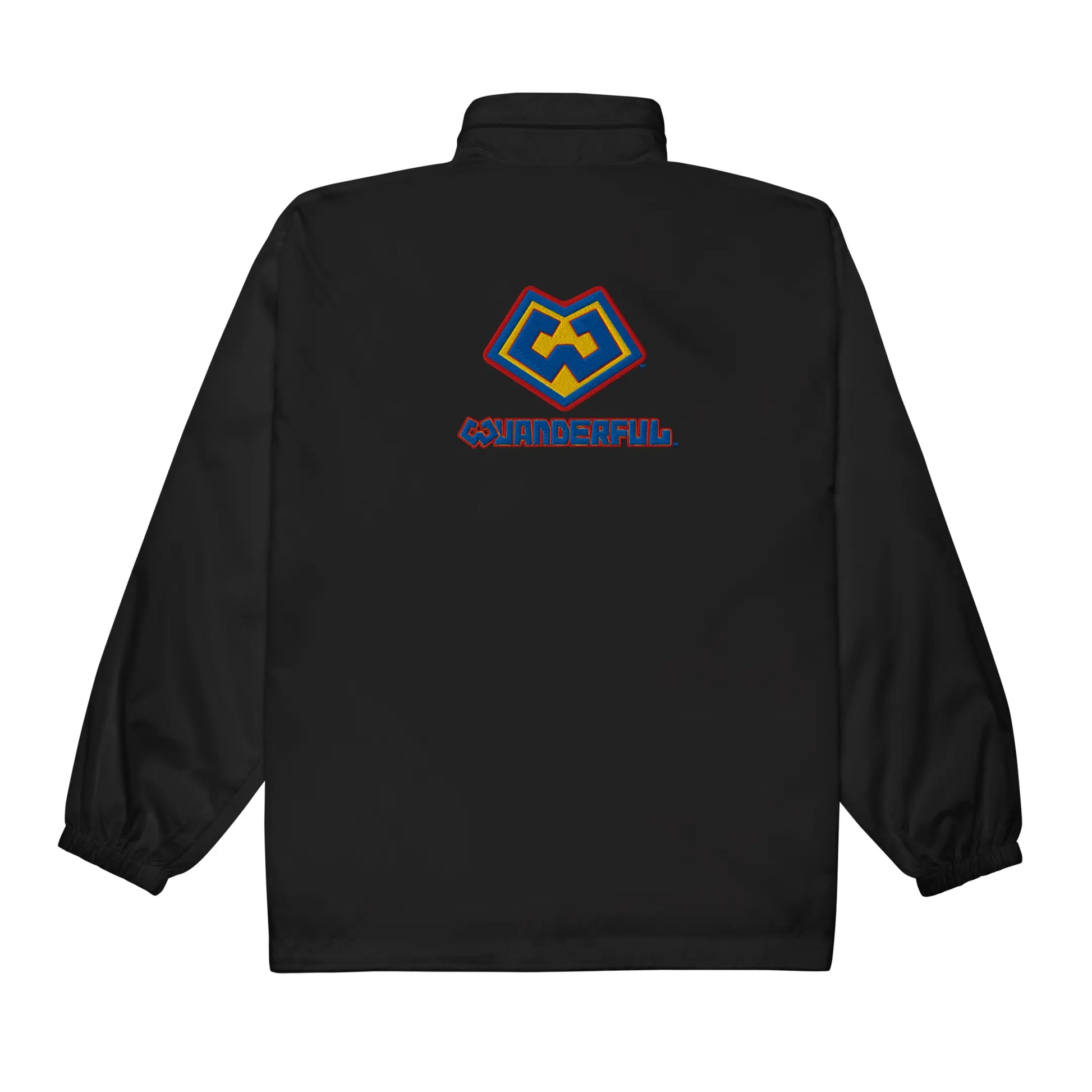 Wuanderful Locos logo on a limited edition black waterproof windbreaker jacket in a back view