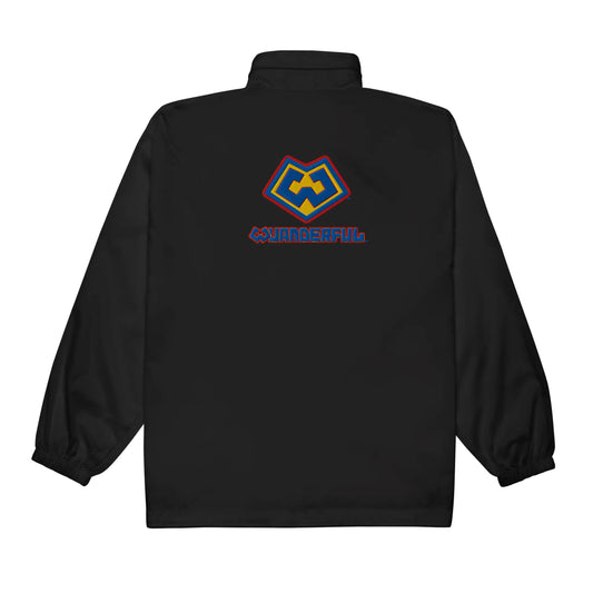 Wuanderful Locos logo on a limited edition black waterproof windbreaker jacket in a back view