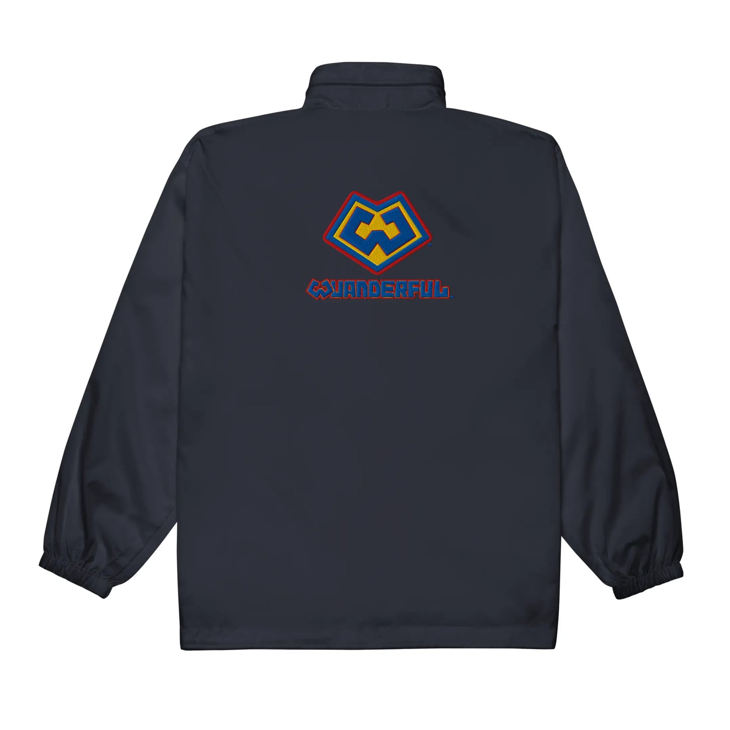 Wuanderful Locos logo on a limited edition navy blue waterproof windbreaker jacket in a back view