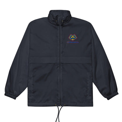 Wuanderful Locos logo on a limited edition navy blue waterproof windbreaker jacket in a front angle