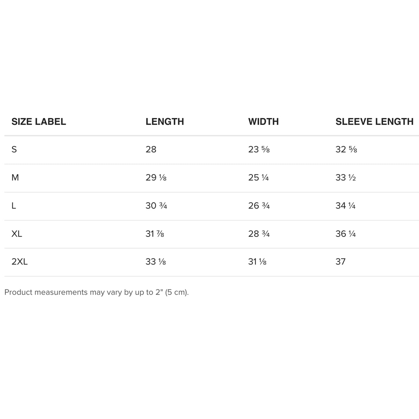 Size chart for wuanderful windbreaker jackets